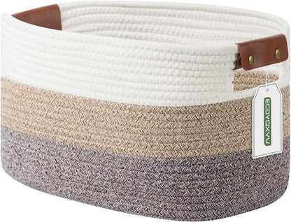 15x10x9 Woven Cotton Rope Storage Basket, Leather Handles