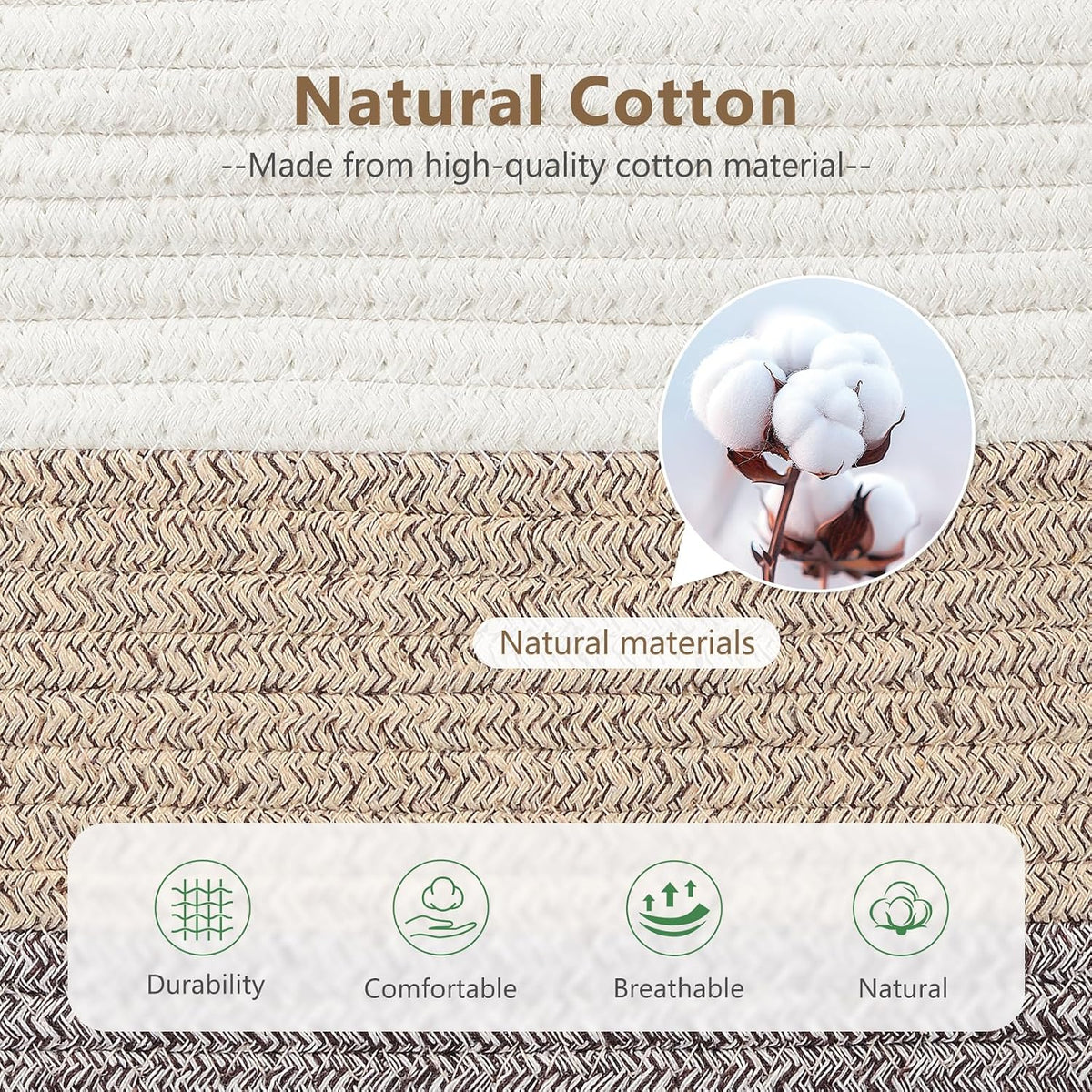 15x10x9 Woven Cotton Rope Storage Basket, Leather Handles