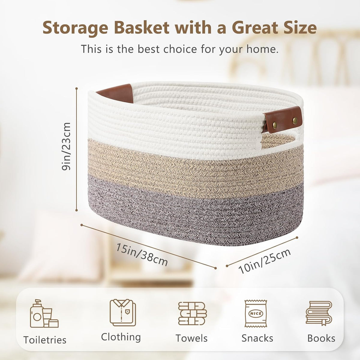 15x10x9 Woven Cotton Rope Storage Basket, Leather Handles