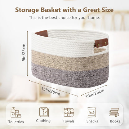 15x10x9 Woven Cotton Rope Storage Basket, Leather Handles
