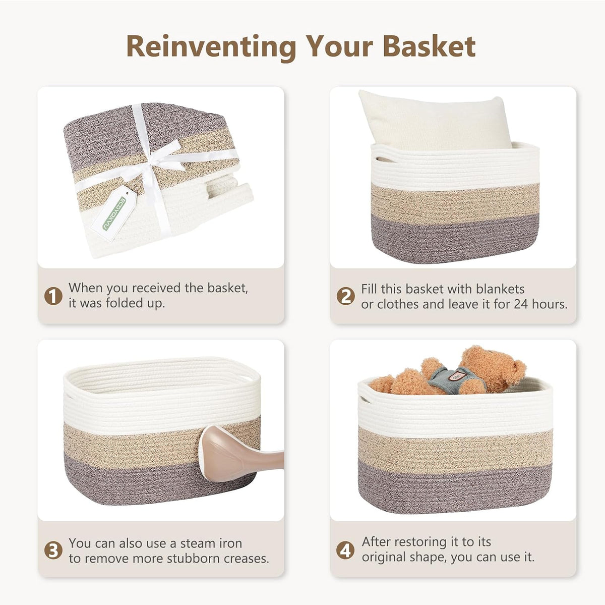 15x10x9 Woven Cotton Rope Storage Basket, Leather Handles