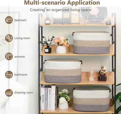 15x10x9 Woven Cotton Rope Storage Basket, Leather Handles
