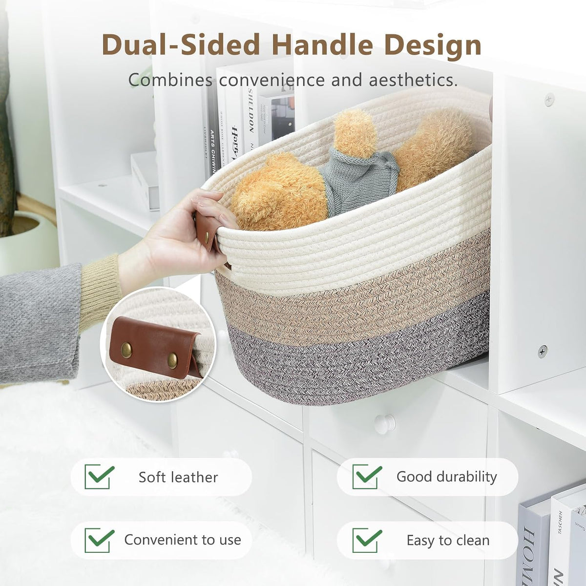 15x10x9 Woven Cotton Rope Storage Basket, Leather Handles