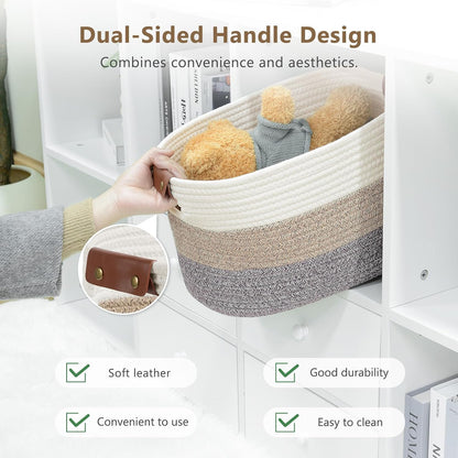 15x10x9 Woven Cotton Rope Storage Basket, Leather Handles