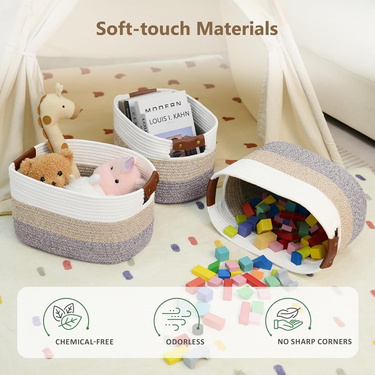 15x10x9 Woven Cotton Rope Storage Basket, Leather Handles