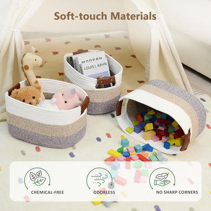 15x10x9 Woven Cotton Rope Storage Basket, Leather Handles