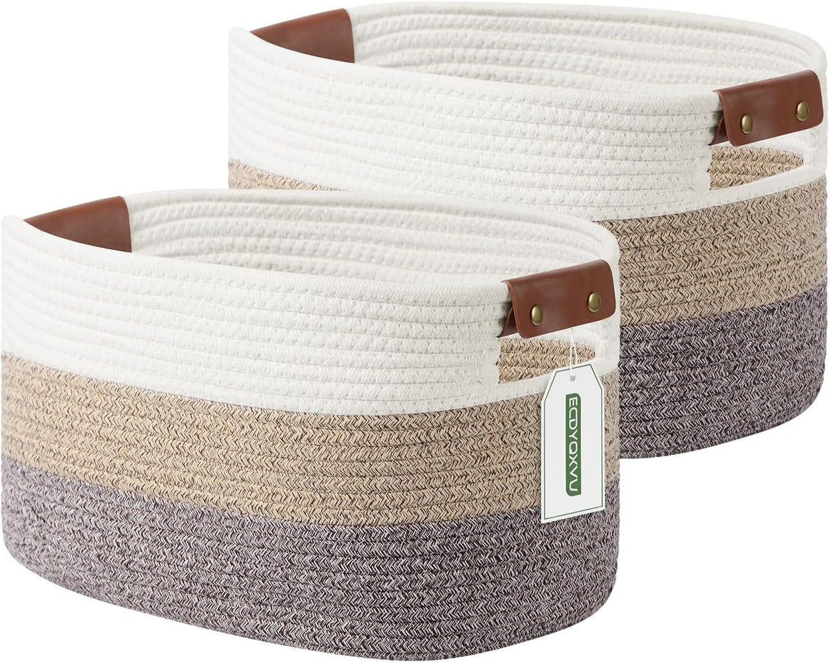 15x10x9 Woven Cotton Rope Storage Basket, Leather Handles