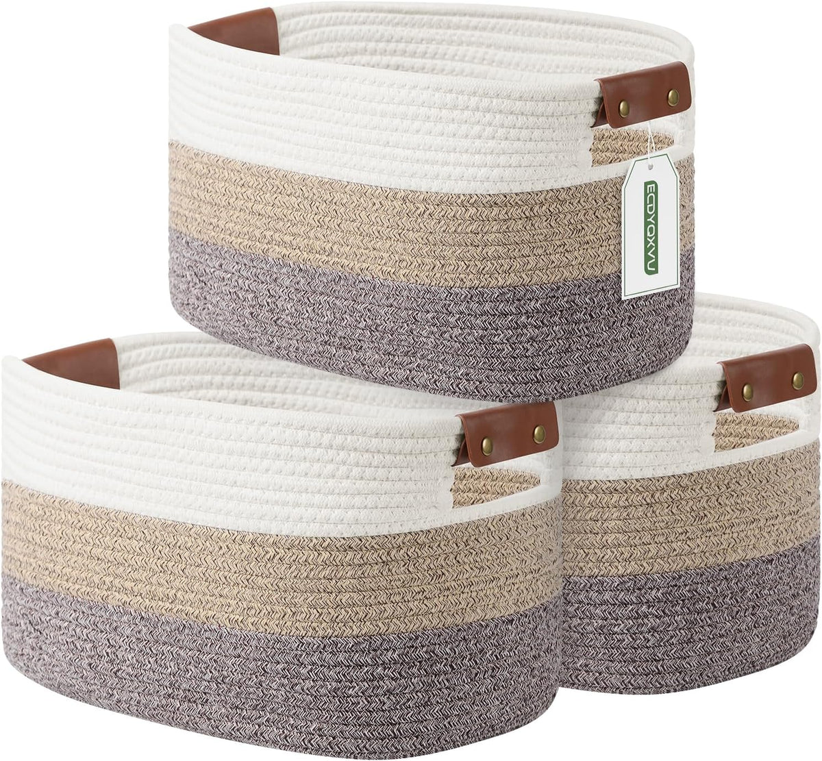15x10x9 Woven Cotton Rope Storage Basket, Leather Handles