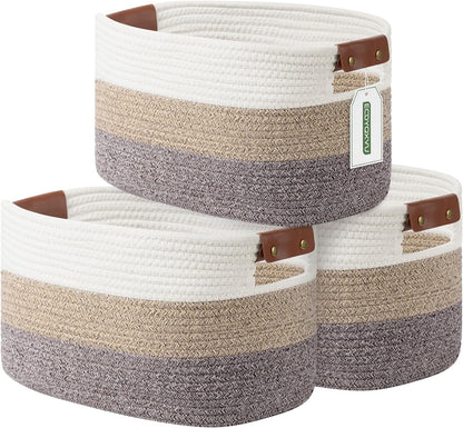 15x10x9 Woven Cotton Rope Storage Basket, Leather Handles