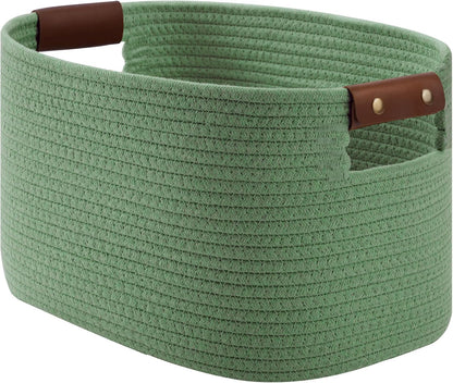 15x10x9 Woven Cotton Rope Storage Basket, Leather Handles