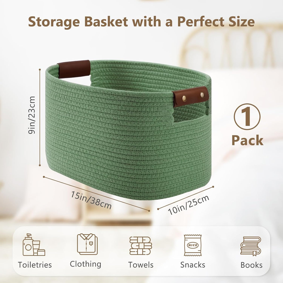 15x10x9 Woven Cotton Rope Storage Basket, Leather Handles