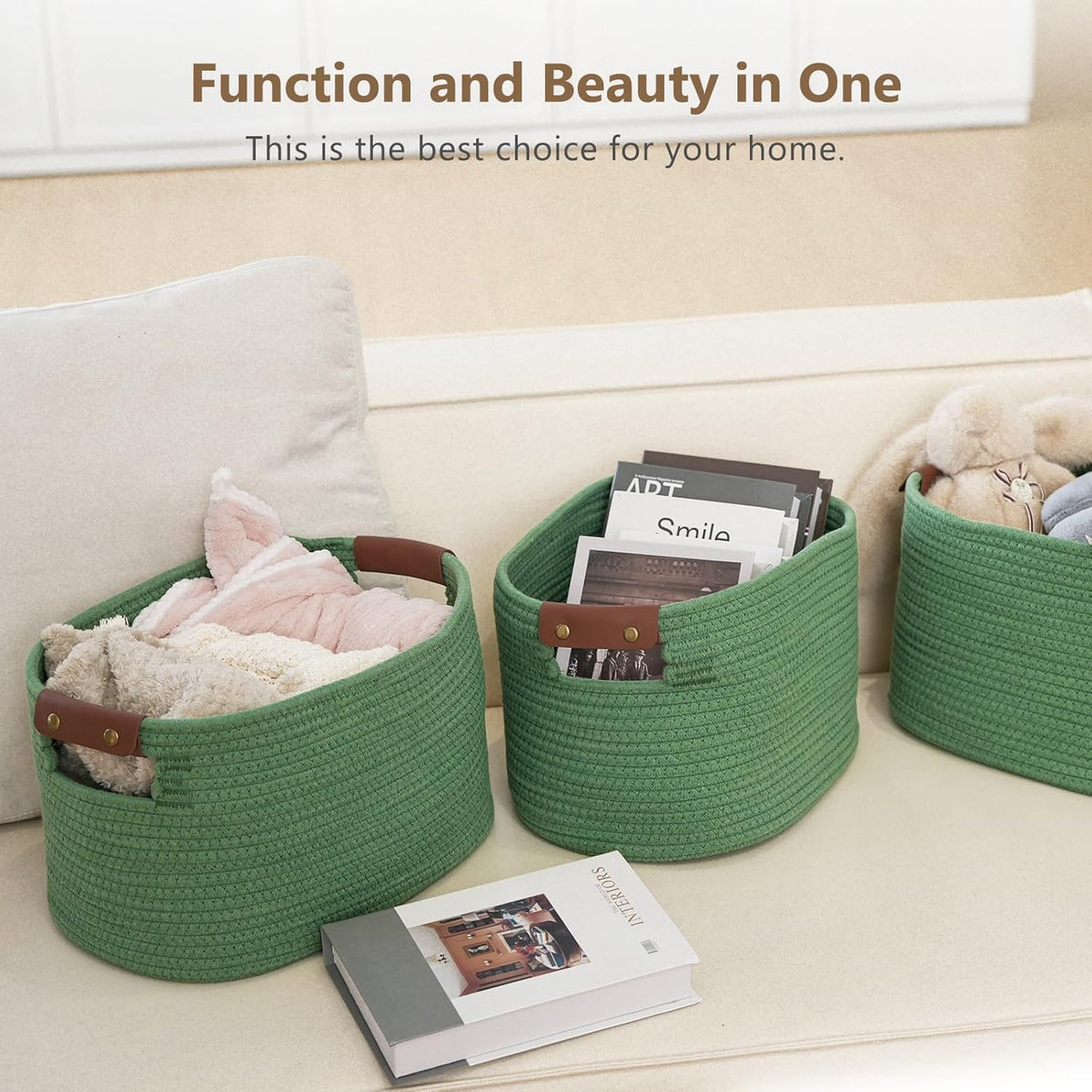 15x10x9 Woven Cotton Rope Storage Basket, Leather Handles
