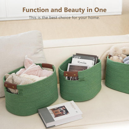 15x10x9 Woven Cotton Rope Storage Basket, Leather Handles