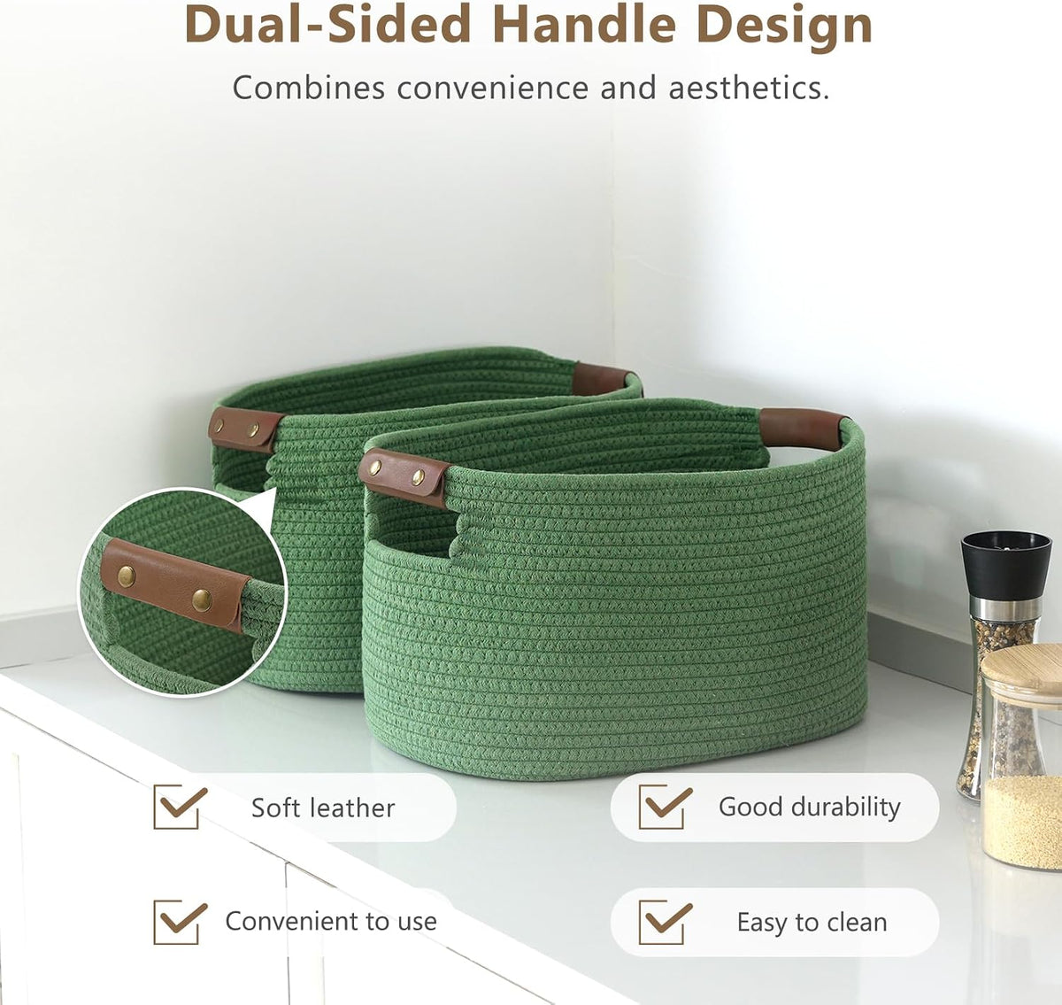 15x10x9 Woven Cotton Rope Storage Basket, Leather Handles