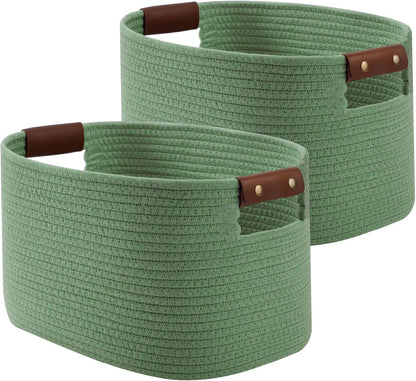 15x10x9 Woven Cotton Rope Storage Basket, Leather Handles