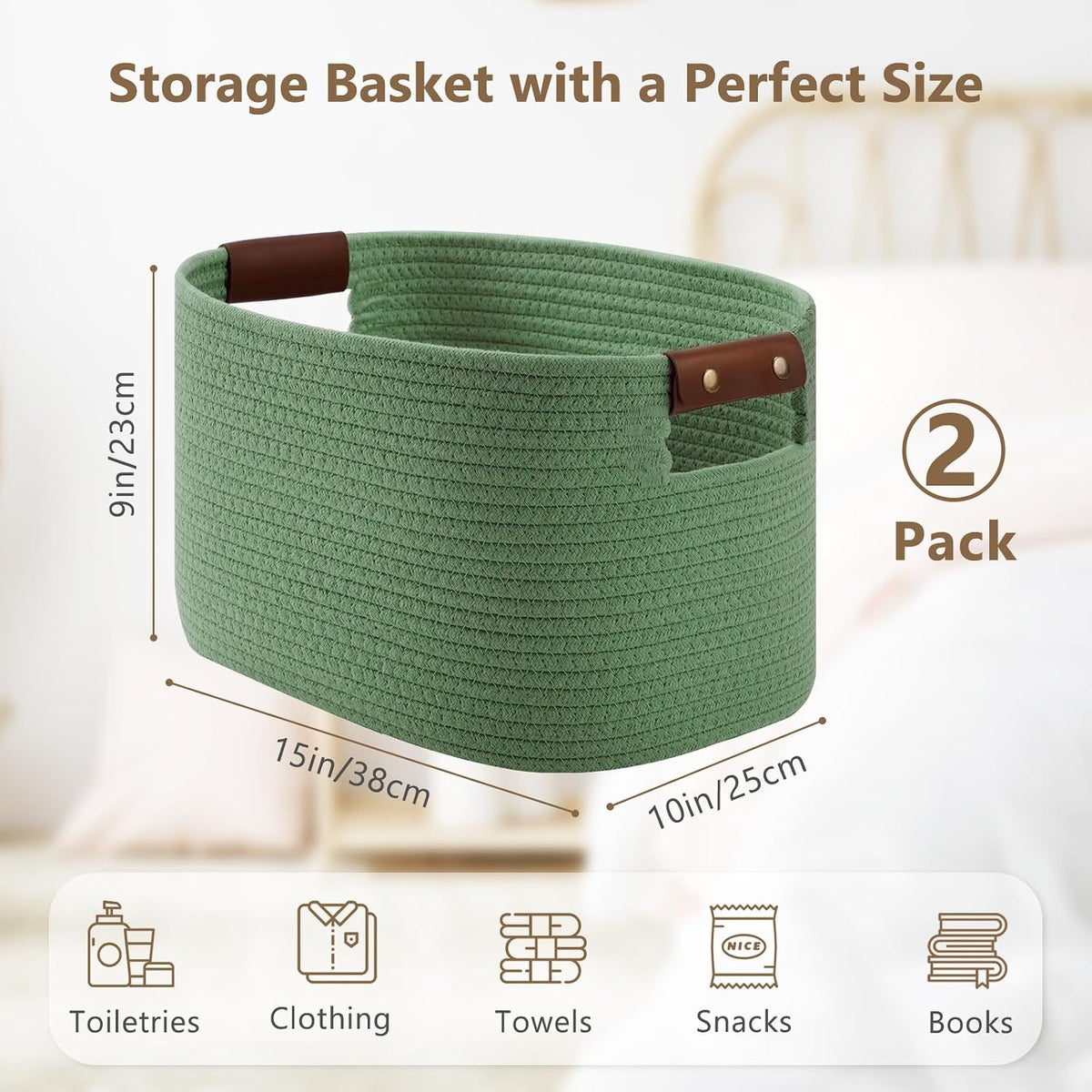 15x10x9 Woven Cotton Rope Storage Basket, Leather Handles