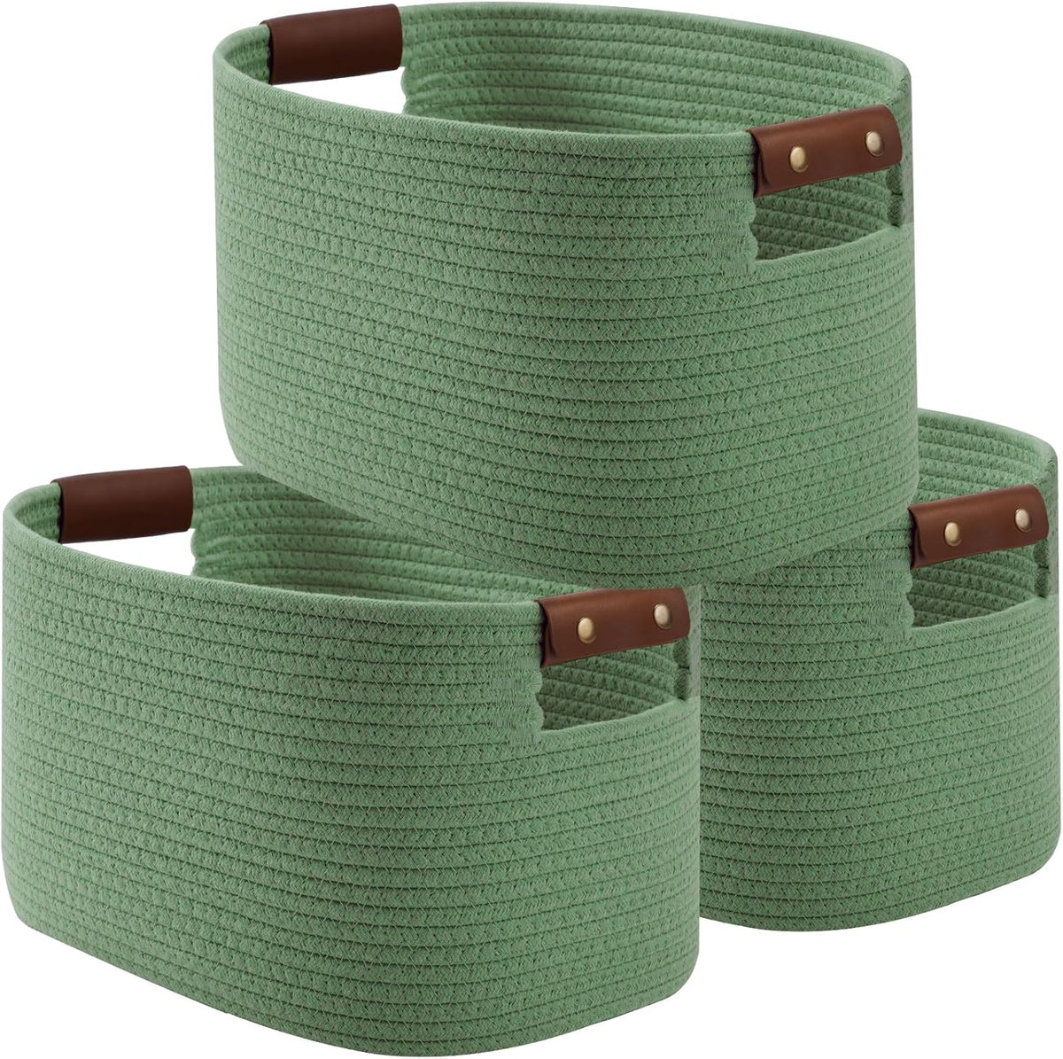 15x10x9 Woven Cotton Rope Storage Basket, Leather Handles
