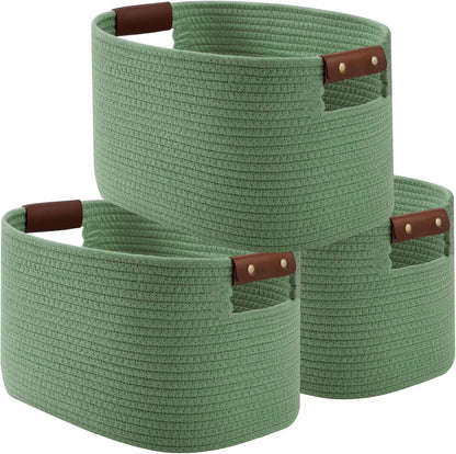 15x10x9 Woven Cotton Rope Storage Basket, Leather Handles