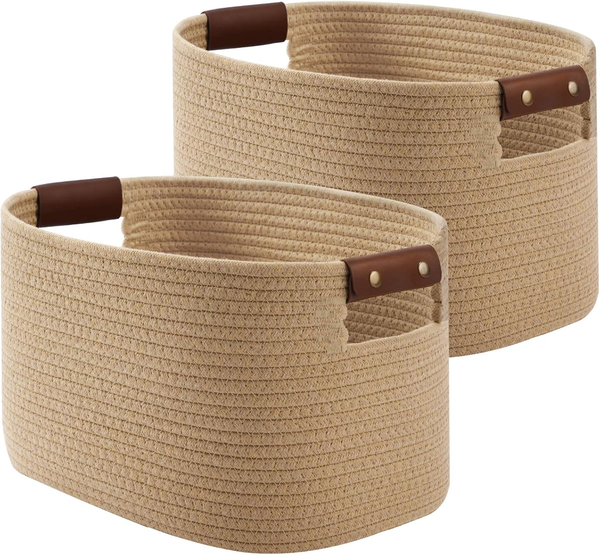 15x10x9 Woven Cotton Rope Storage Basket, Leather Handles