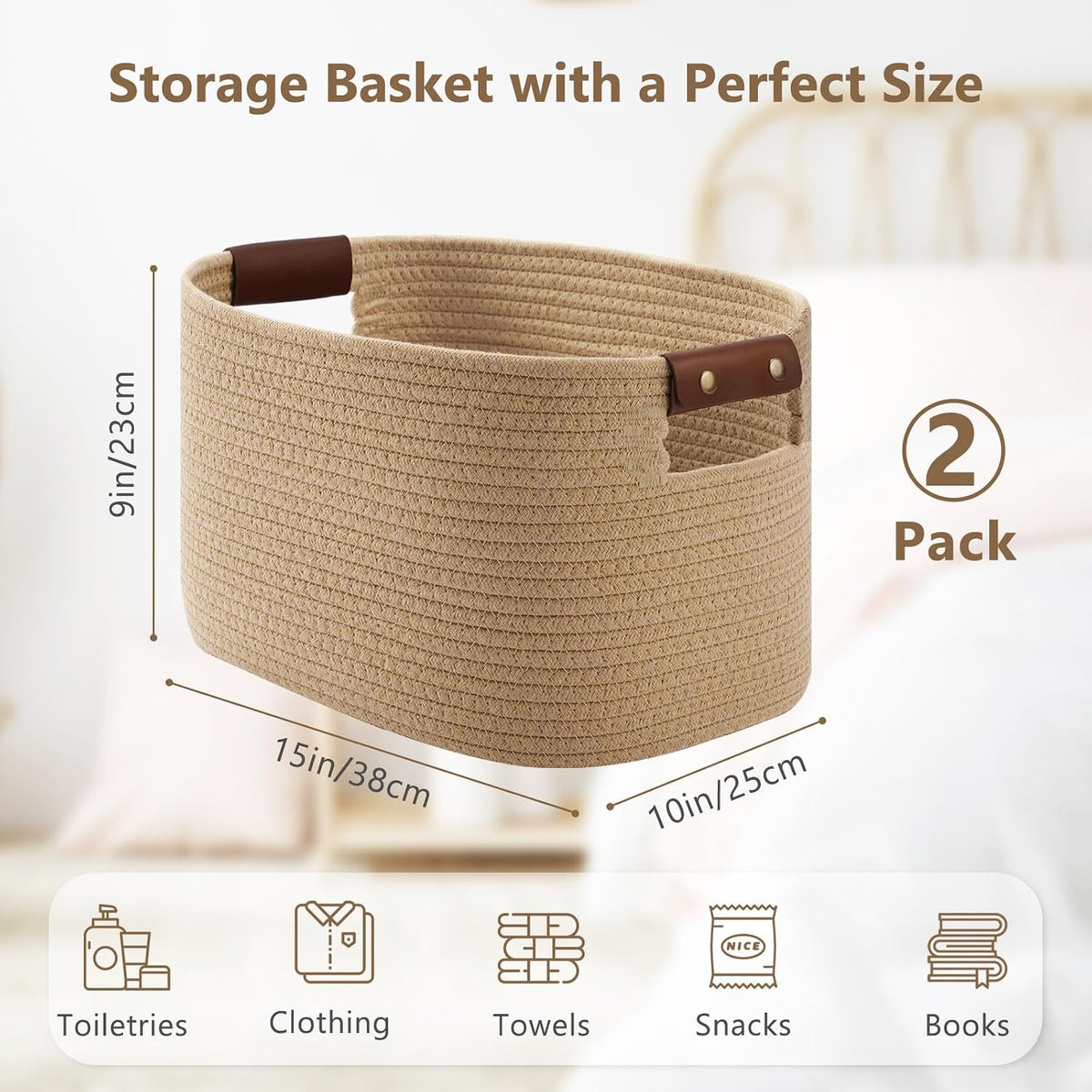 15x10x9 Woven Cotton Rope Storage Basket, Leather Handles
