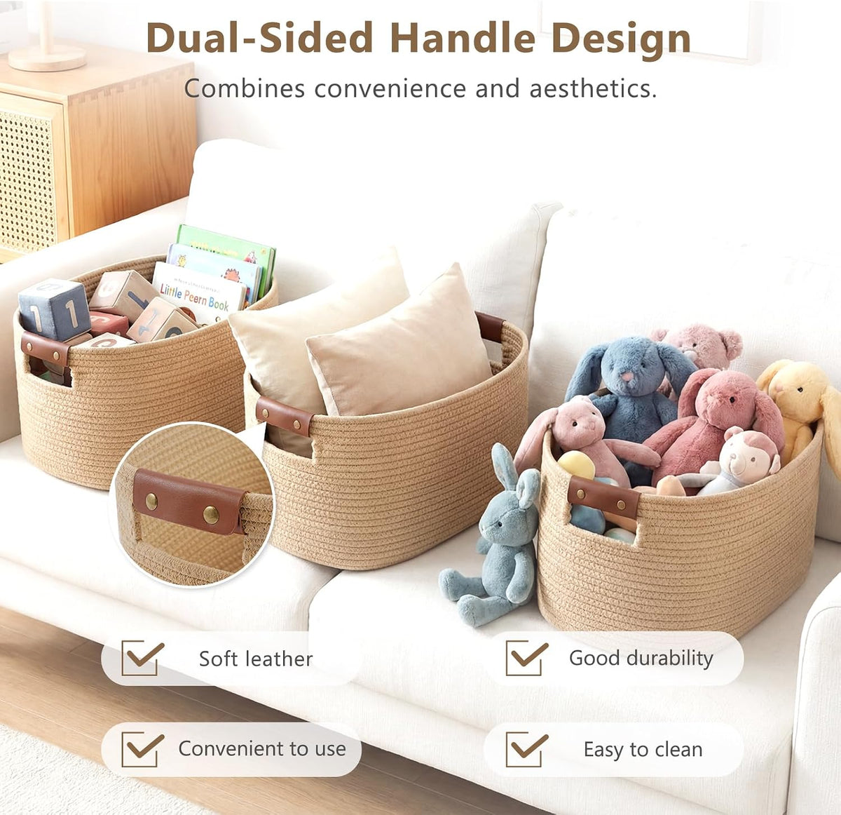 15x10x9 Woven Cotton Rope Storage Basket, Leather Handles