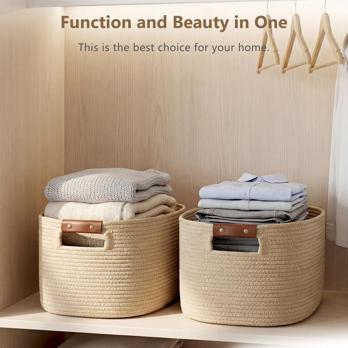15x10x9 Woven Cotton Rope Storage Basket, Leather Handles