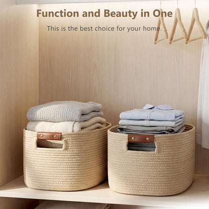 15x10x9 Woven Cotton Rope Storage Basket, Leather Handles