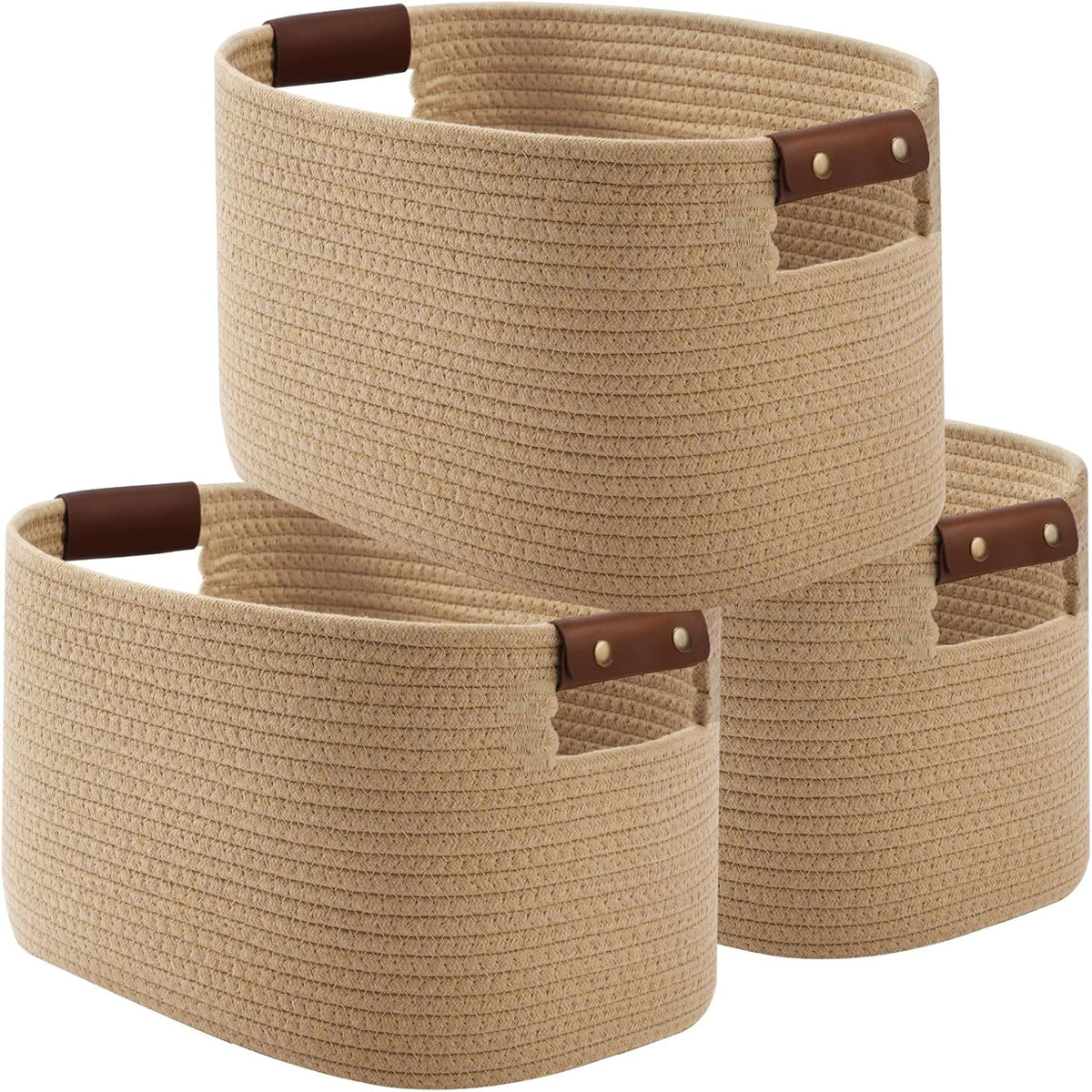 15x10x9 Woven Cotton Rope Storage Basket, Leather Handles