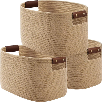 15x10x9 Woven Cotton Rope Storage Basket, Leather Handles