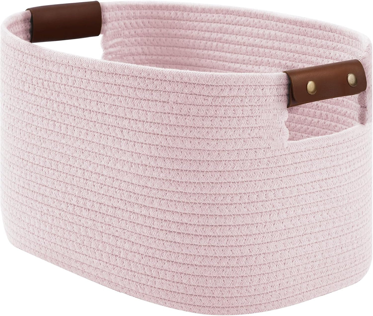 15x10x9 Woven Cotton Rope Storage Basket, Leather Handles