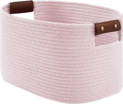 15x10x9 Woven Cotton Rope Storage Basket, Leather Handles