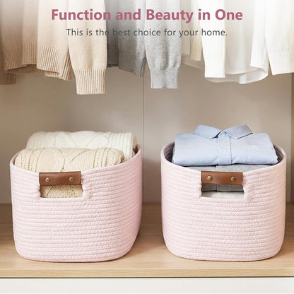 15x10x9 Woven Cotton Rope Storage Basket, Leather Handles