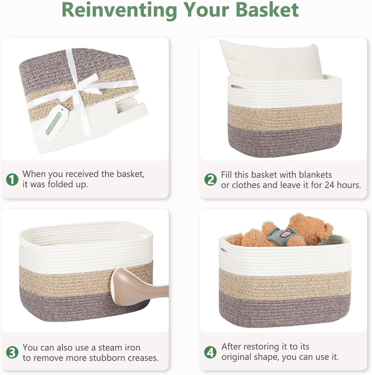15x10x9 Woven Cotton Rope Storage Basket, Leather Handles