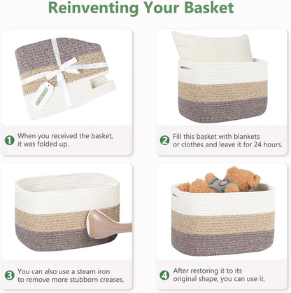 15x10x9 Woven Cotton Rope Storage Basket, Leather Handles