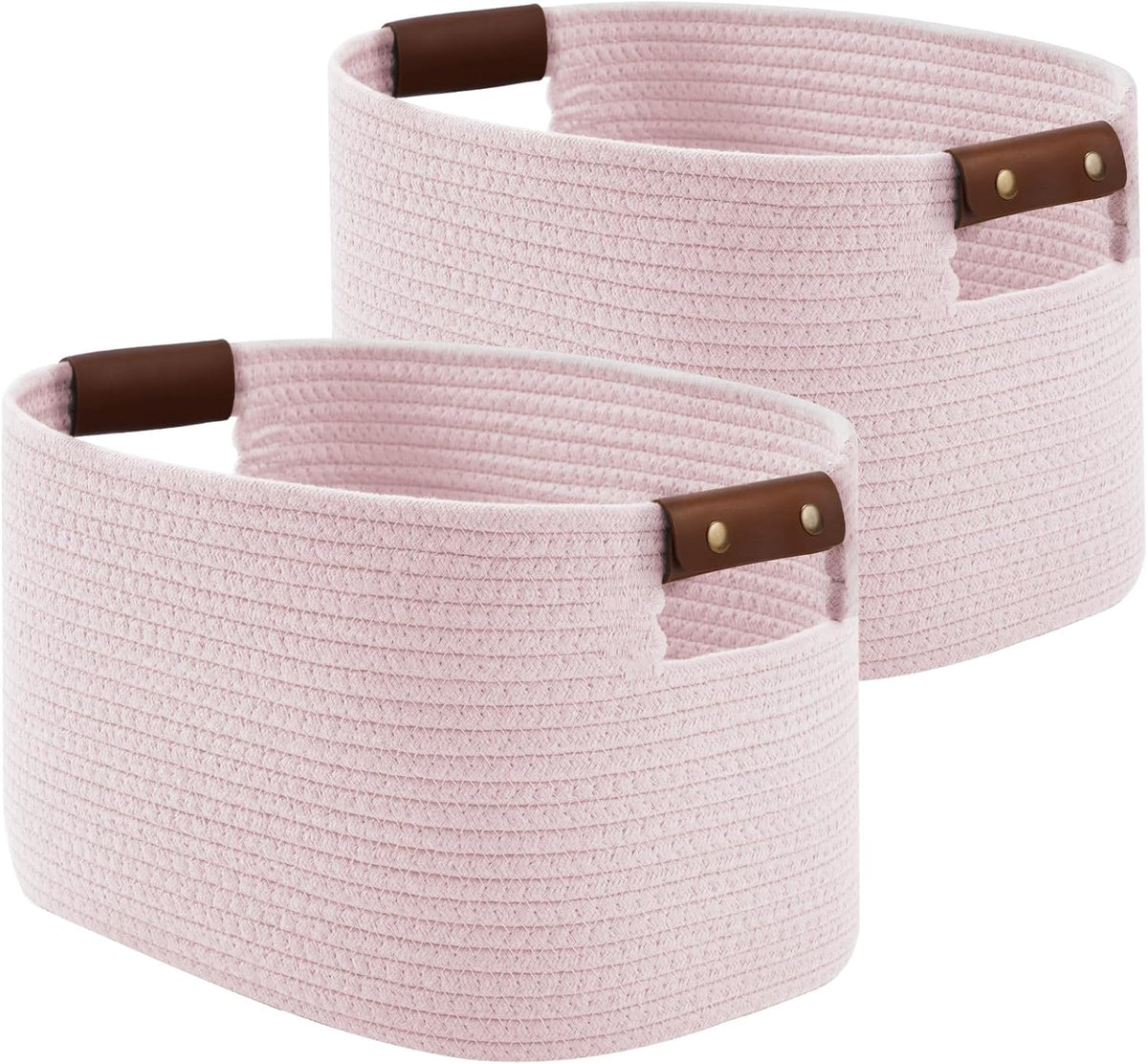 15x10x9 Woven Cotton Rope Storage Basket, Leather Handles