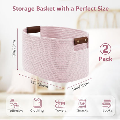 15x10x9 Woven Cotton Rope Storage Basket, Leather Handles