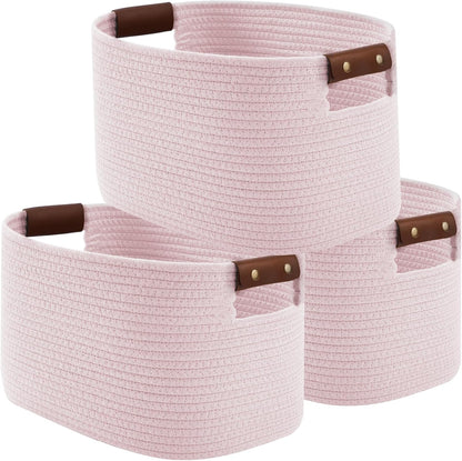 15x10x9 Woven Cotton Rope Storage Basket, Leather Handles
