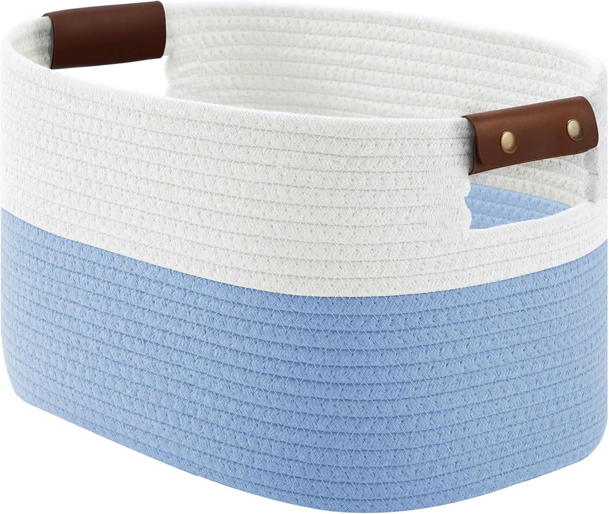 15x10x9 Woven Cotton Rope Storage Basket, Leather Handles