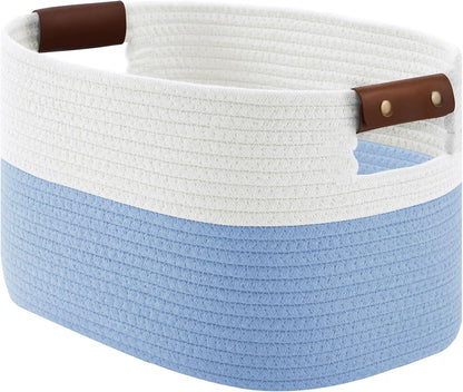 15x10x9 Woven Cotton Rope Storage Basket, Leather Handles