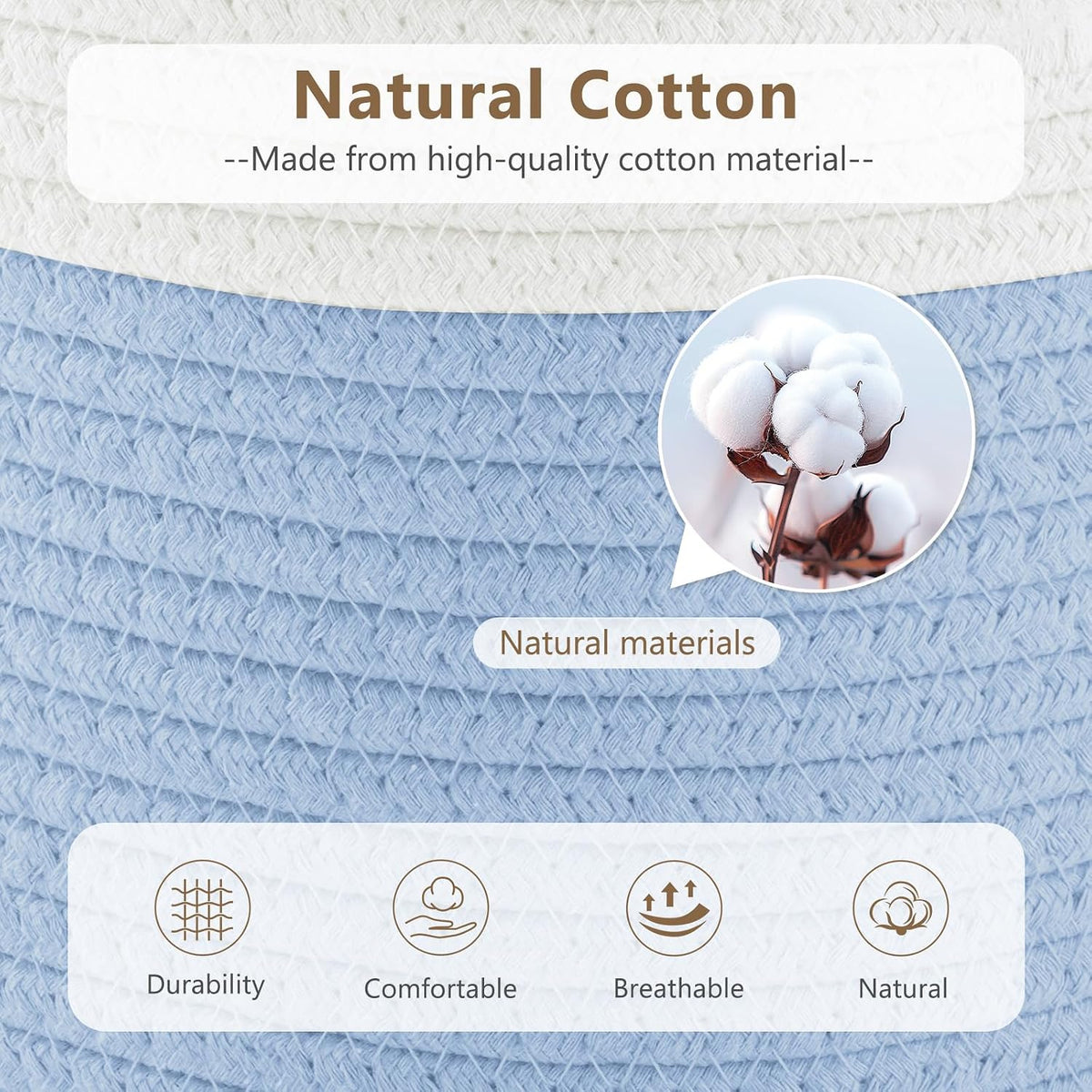 15x10x9 Woven Cotton Rope Storage Basket, Leather Handles