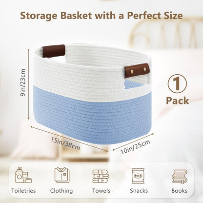 15x10x9 Woven Cotton Rope Storage Basket, Leather Handles