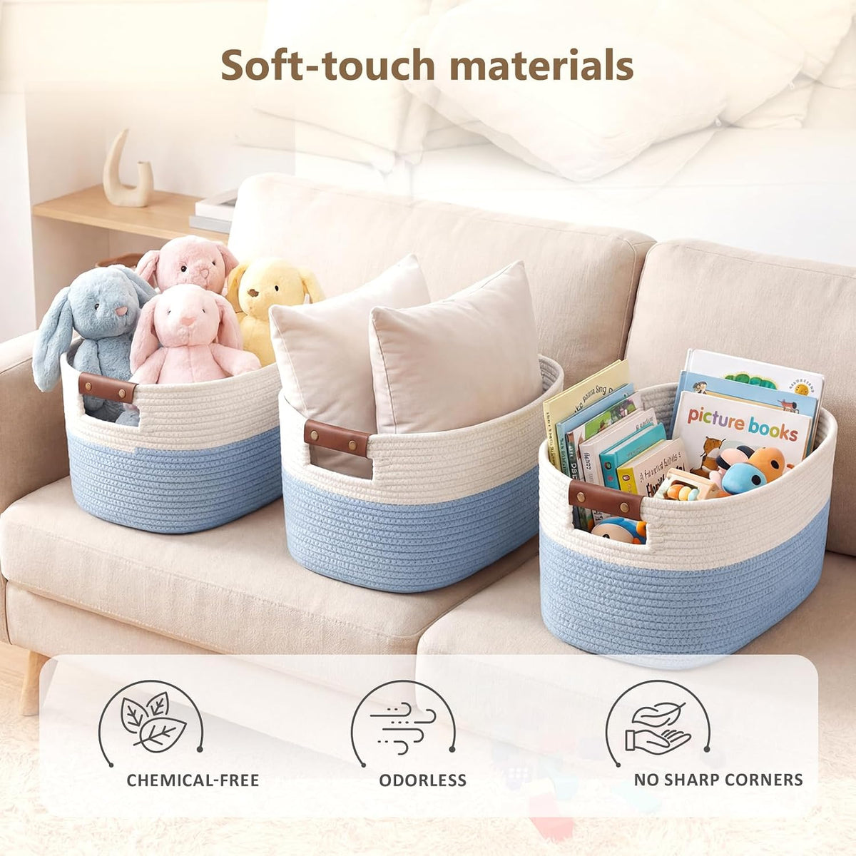 15x10x9 Woven Cotton Rope Storage Basket, Leather Handles