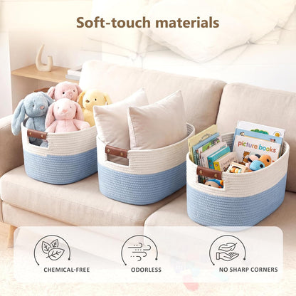 15x10x9 Woven Cotton Rope Storage Basket, Leather Handles