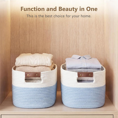 15x10x9 Woven Cotton Rope Storage Basket, Leather Handles