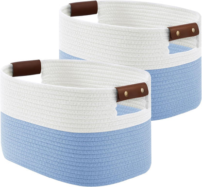 15x10x9 Woven Cotton Rope Storage Basket, Leather Handles