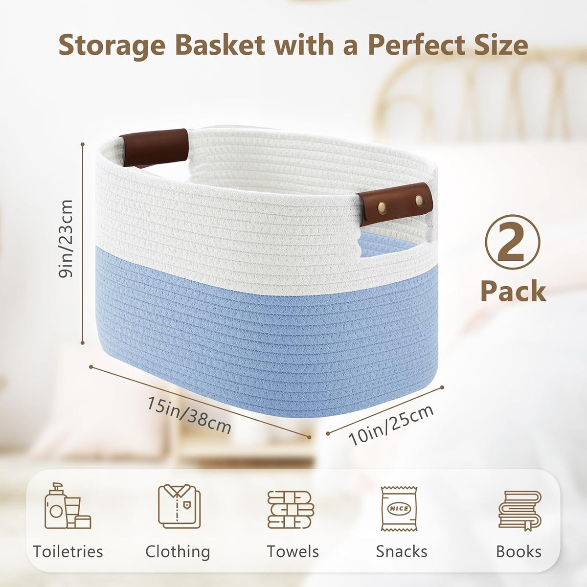 15x10x9 Woven Cotton Rope Storage Basket, Leather Handles