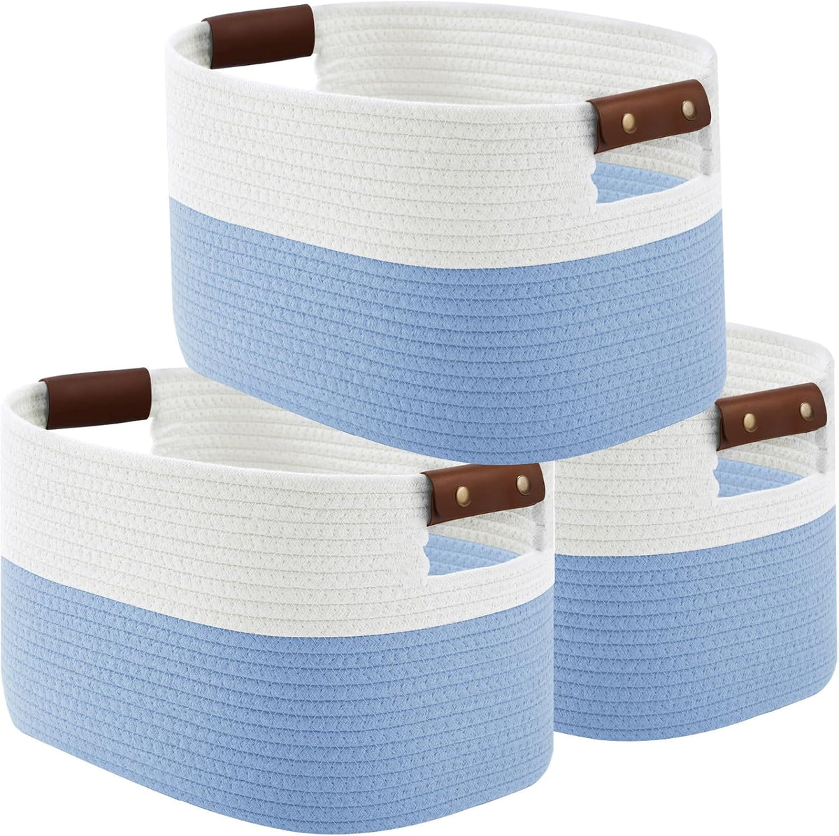 15x10x9 Woven Cotton Rope Storage Basket, Leather Handles