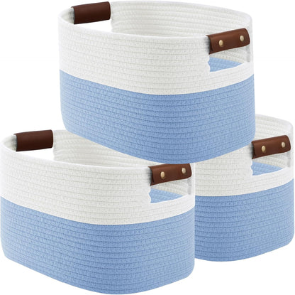 15x10x9 Woven Cotton Rope Storage Basket, Leather Handles