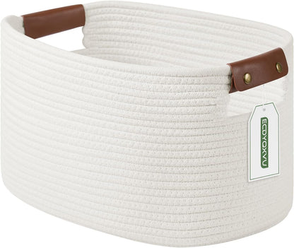 15x10x9 Woven Cotton Rope Storage Basket, Leather Handles
