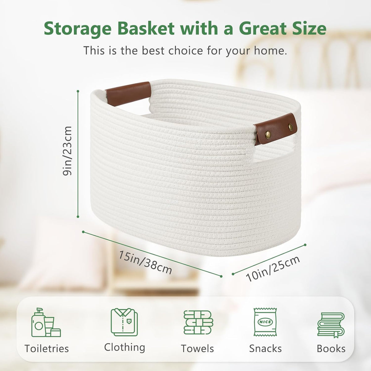 15x10x9 Woven Cotton Rope Storage Basket, Leather Handles